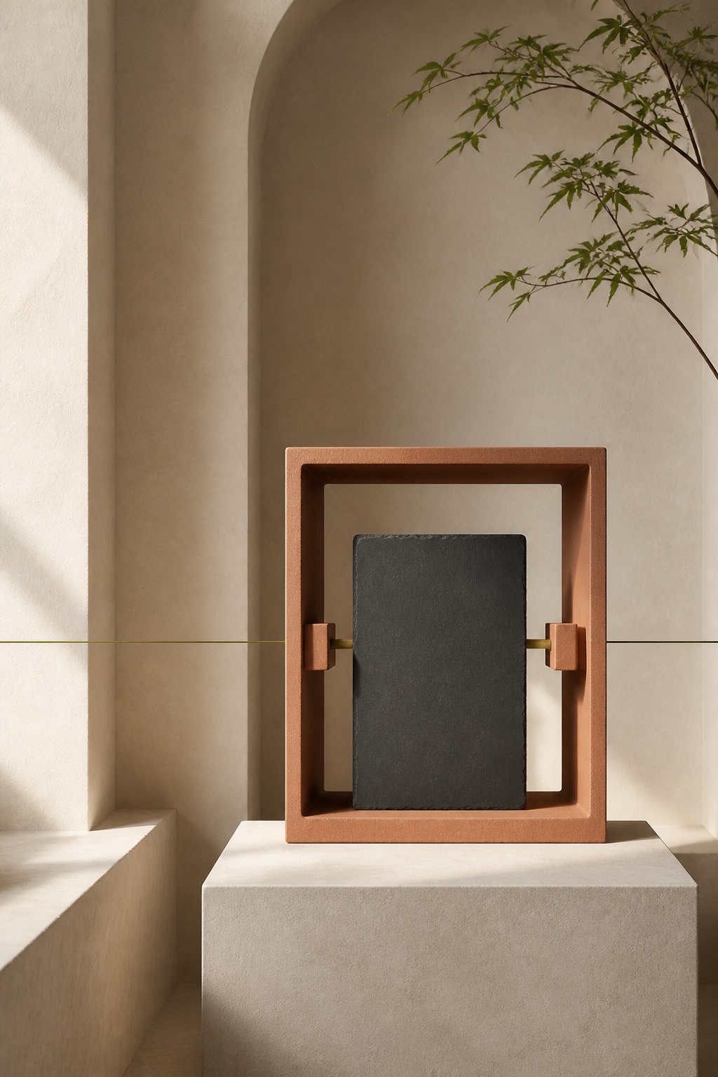 A graphite slate held within a precise terracotta frame in a softly lit architectural alcove