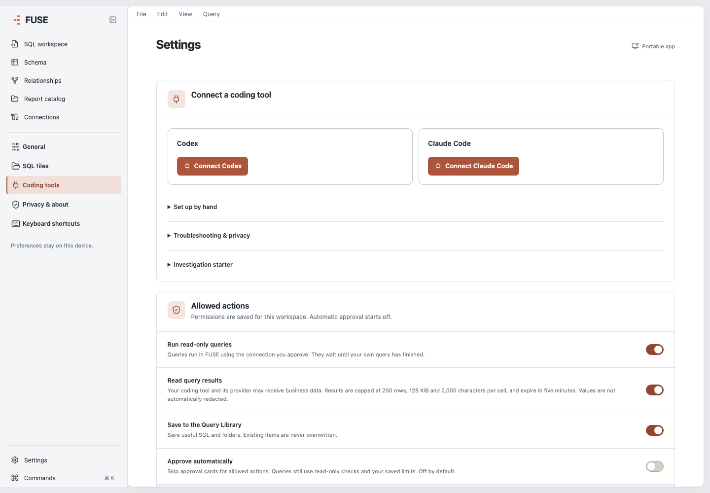 October upgrade: Settings, Coding tools, with Connect Codex and Connect Claude Code buttons and saved action permissions