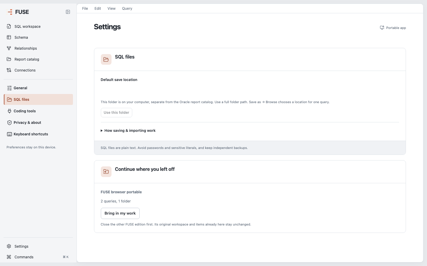 October upgrade: SQL files settings offers to bring in two synthetic queries and one folder from an earlier FUSE workspace
