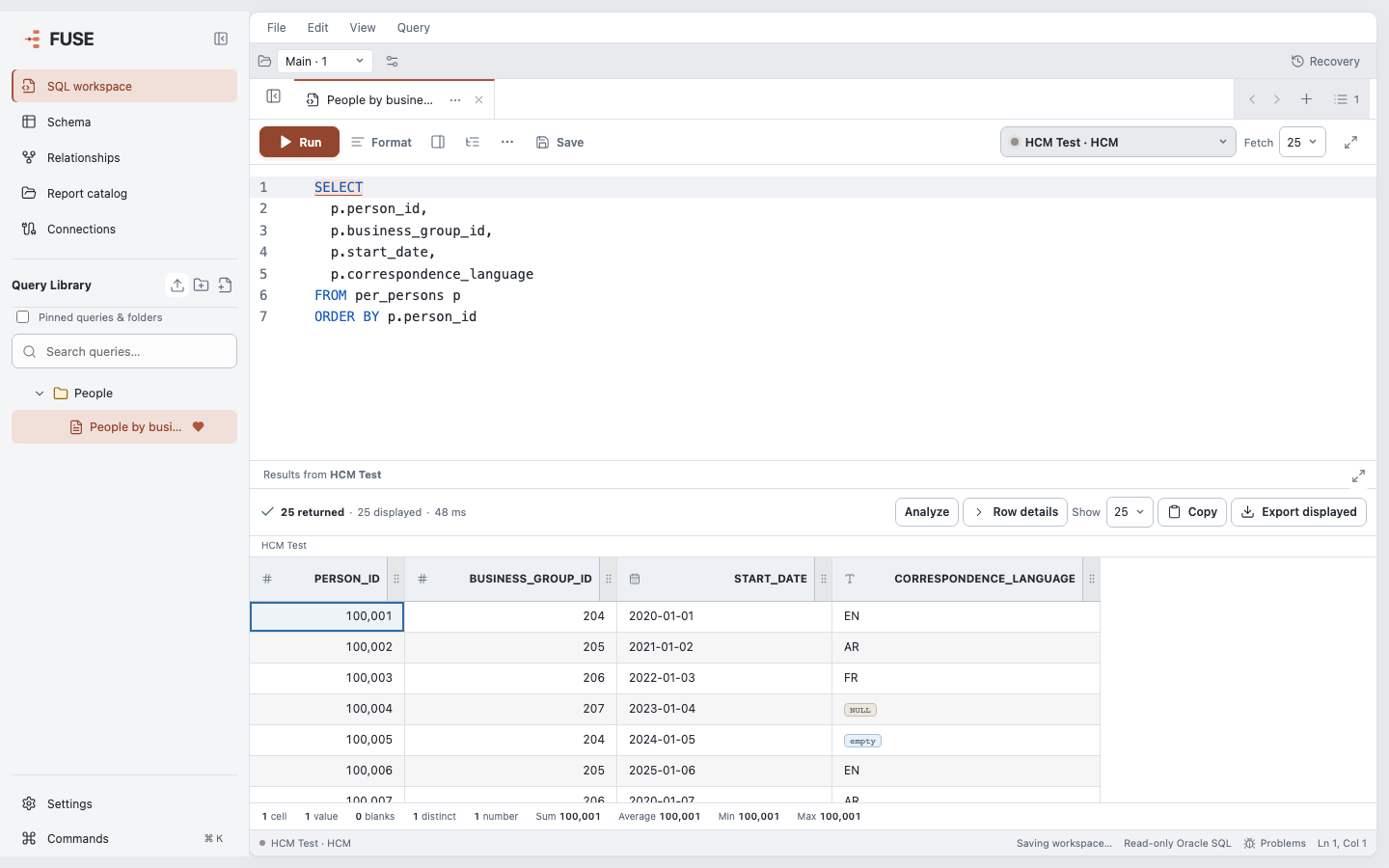 October upgrade SQL workspace with a single sidebar, SQL editor and synthetic person IDs in a compact results grid