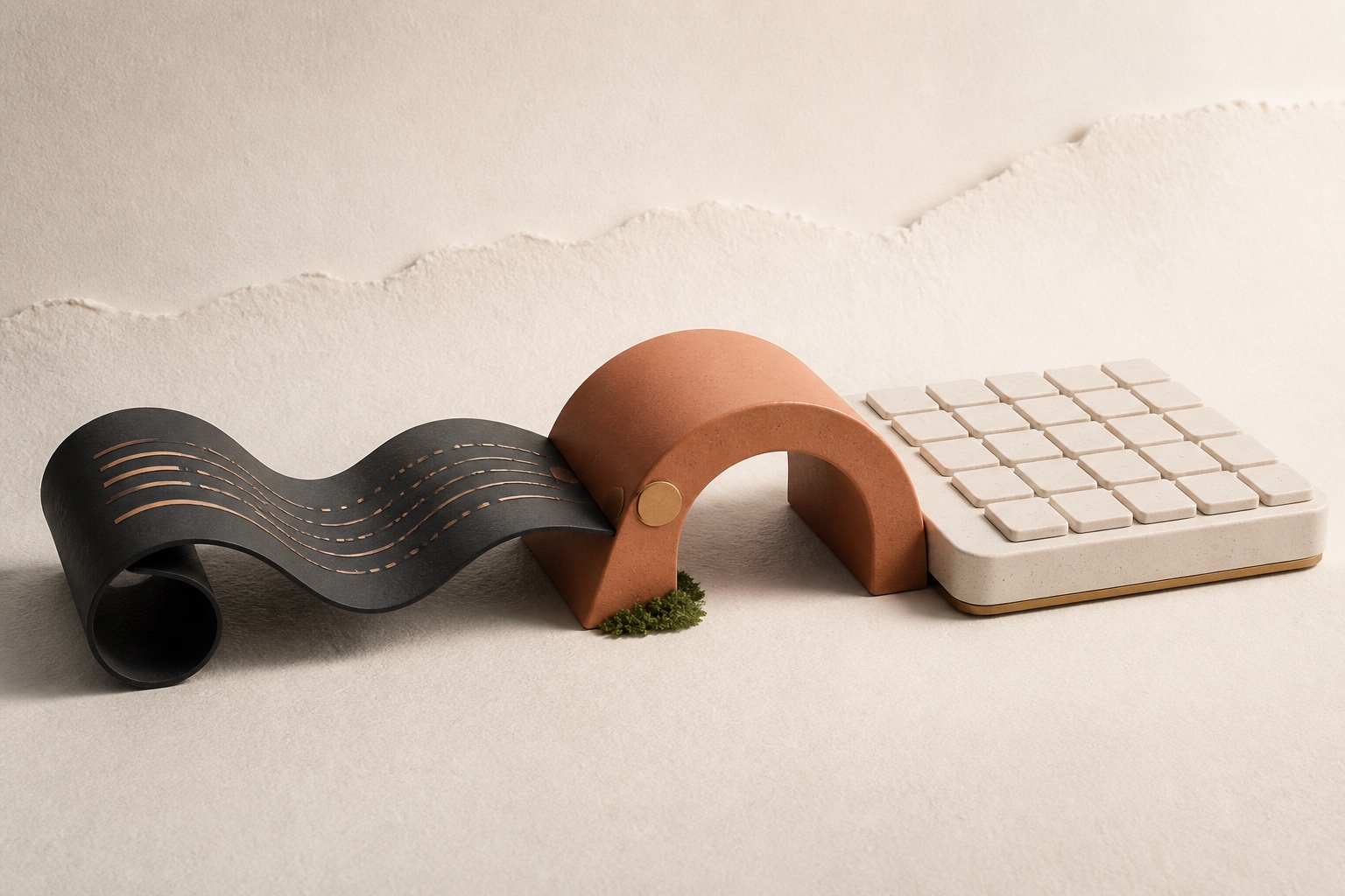 Sculptural forms moving from a precise graphite ribbon through a terracotta bridge into an ordered ivory grid