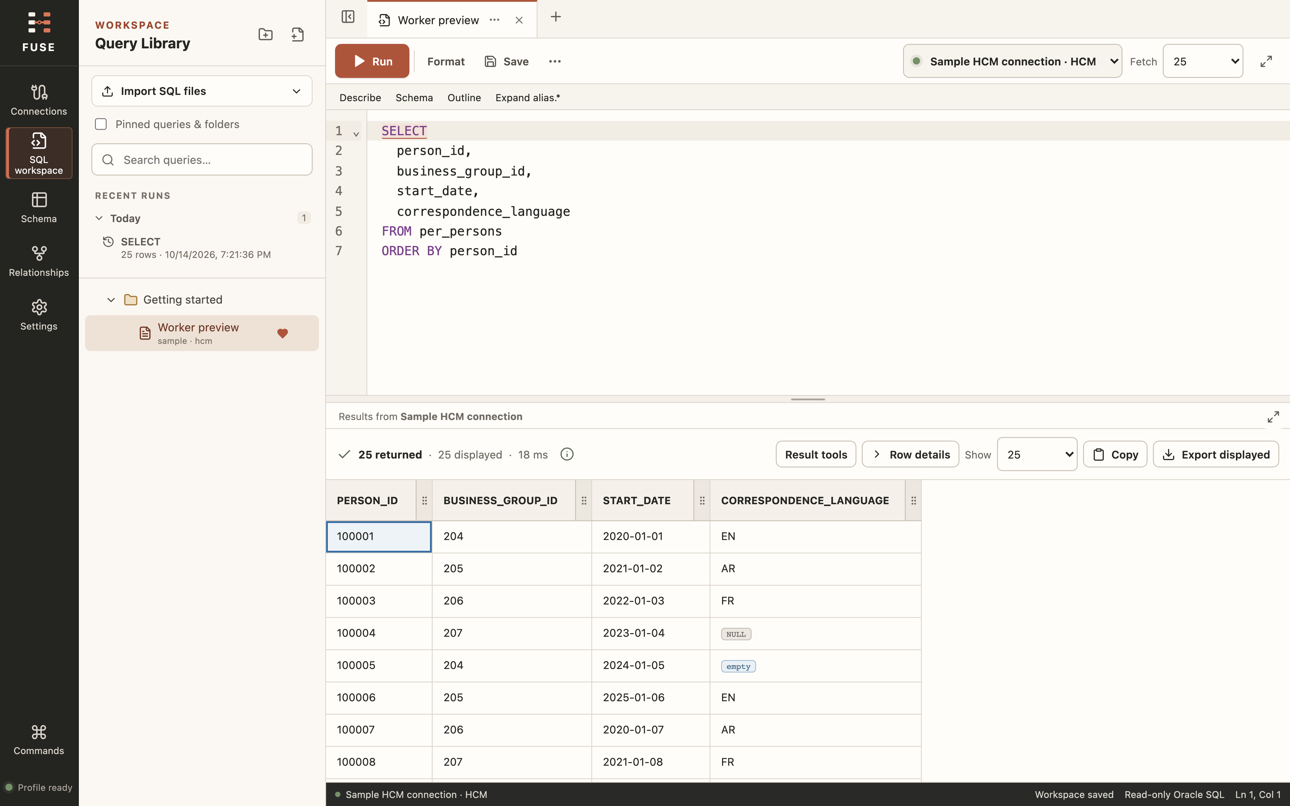 FUSE RC28 in light theme, showing the SQL editor, query library and sample results