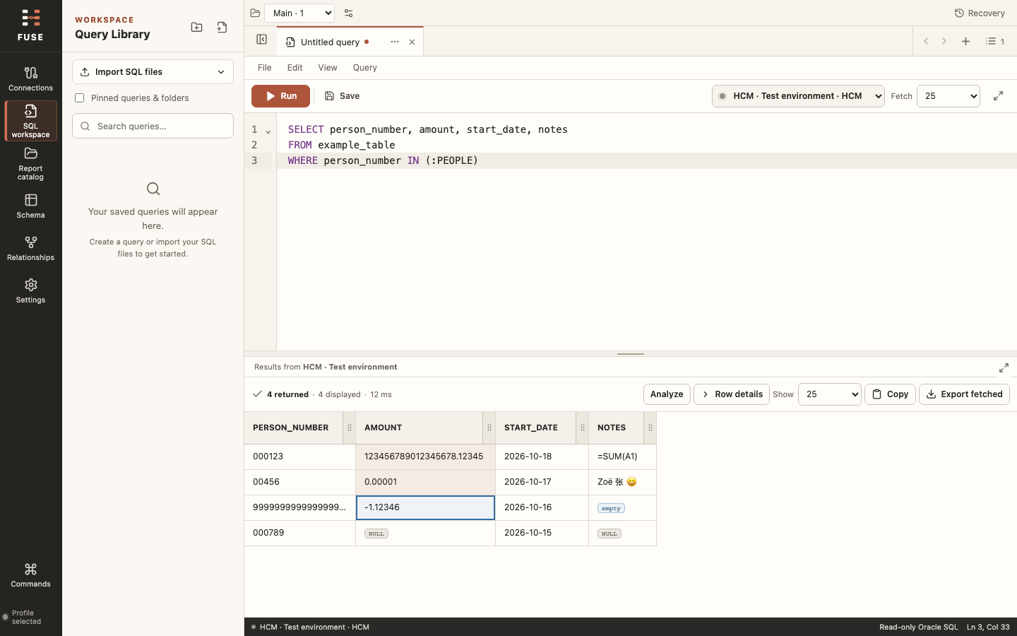 FUSE RC30 build 2 in light theme, showing the SQL editor, query library and sample results